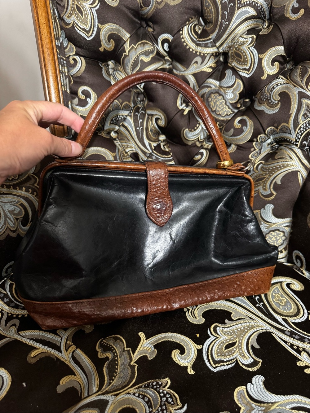 T. Cappelli Teal and Brown Floral Top-Handle Bag